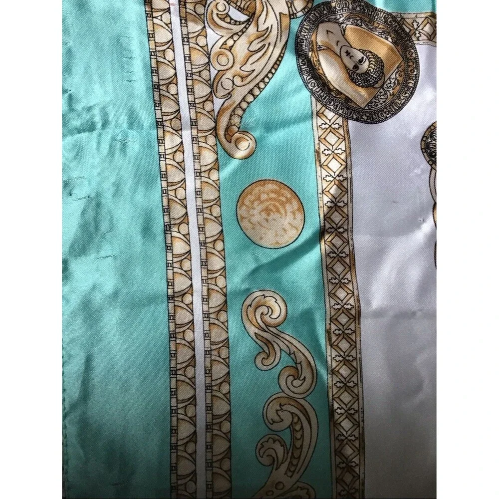 Vintage Monaco-Monte Carlo Teal Blue Gold Baroque Square Scarf Made in Italy